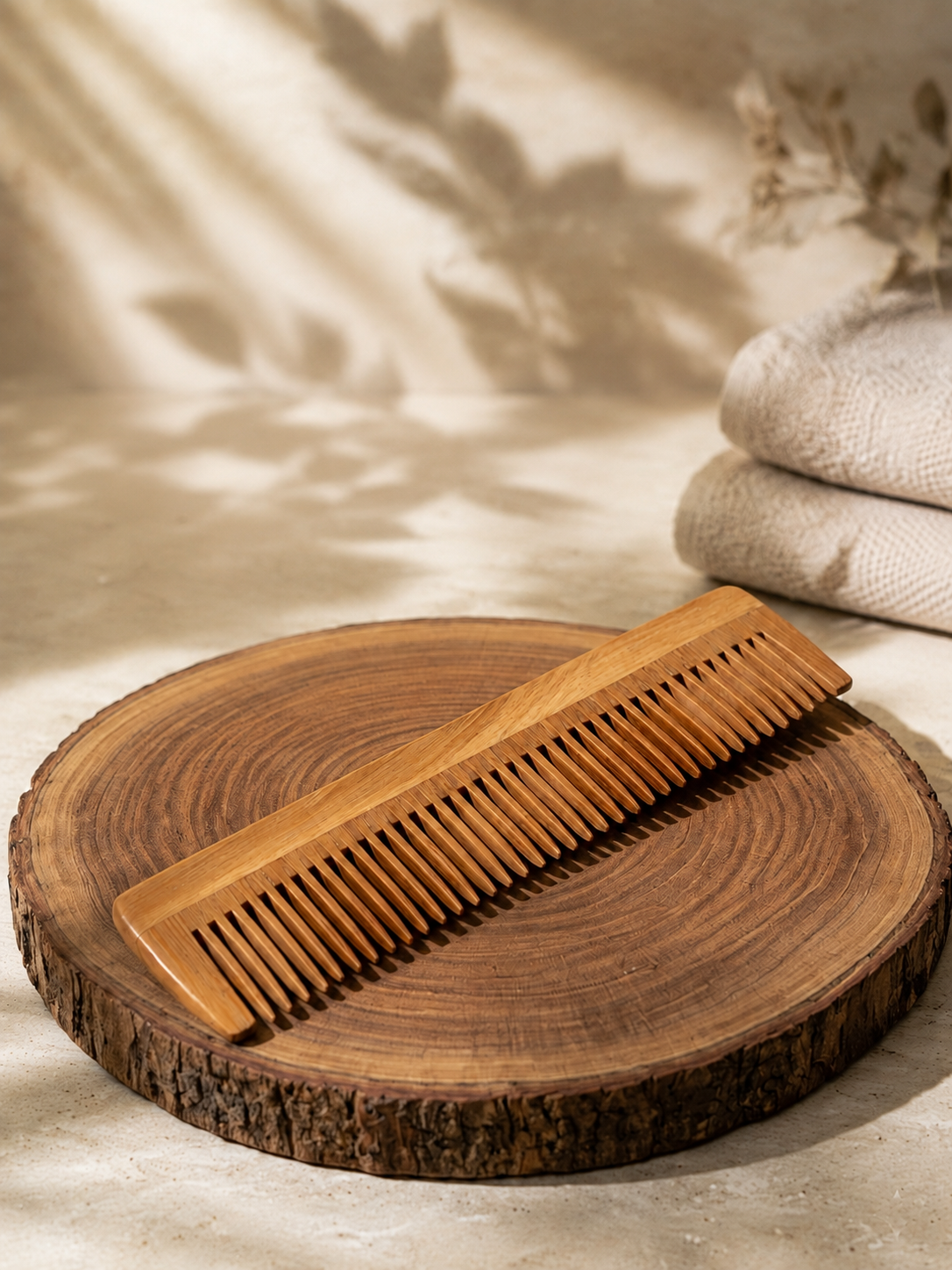 NAVAKYA handcrafted neem wood comb set on natural timber slab